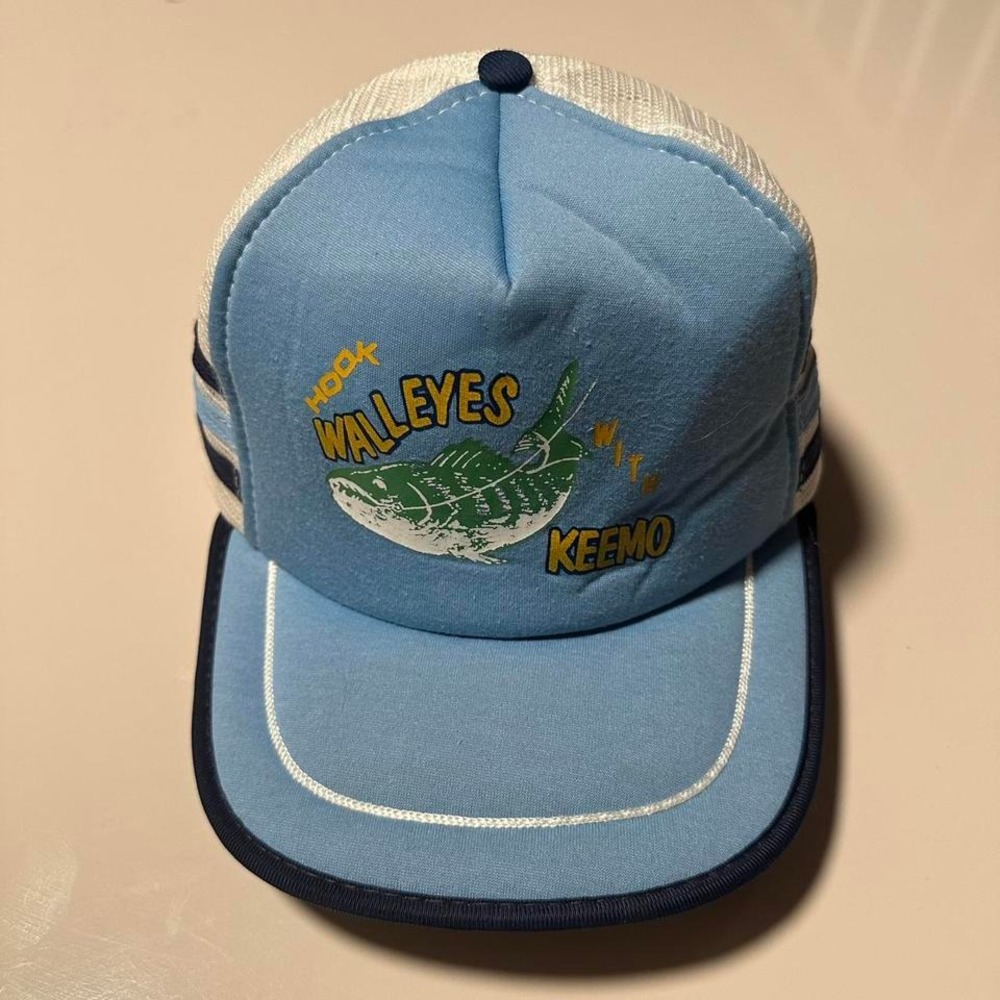 Vintage‎ Fishing Trucker Hat SnapBack Men's OSFM Blue 80s 3 Stripe